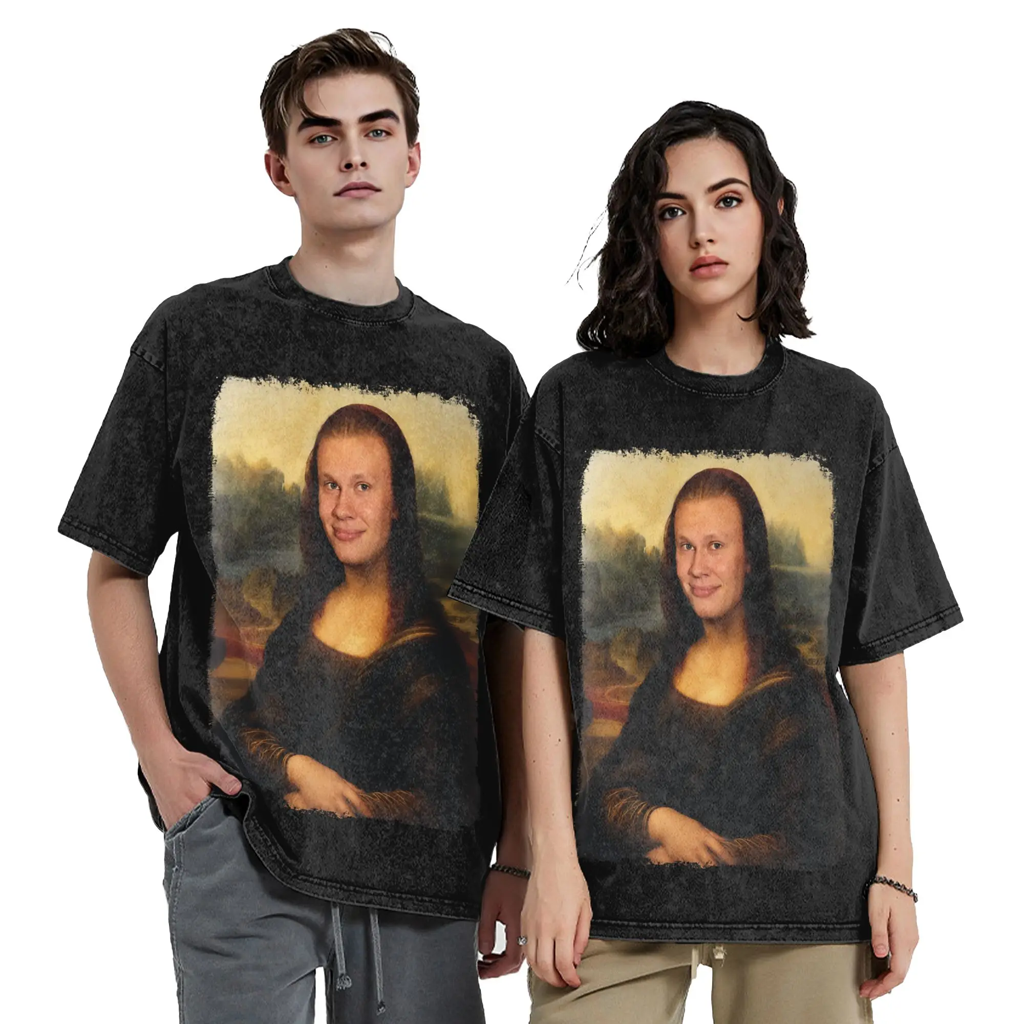Funny H-Haalands Mona Lisa Washed T Shirts Men Women Cotton Novelty T-Shirts Round Collar  Tee Shirt Short Sleeve Tops Plus Size