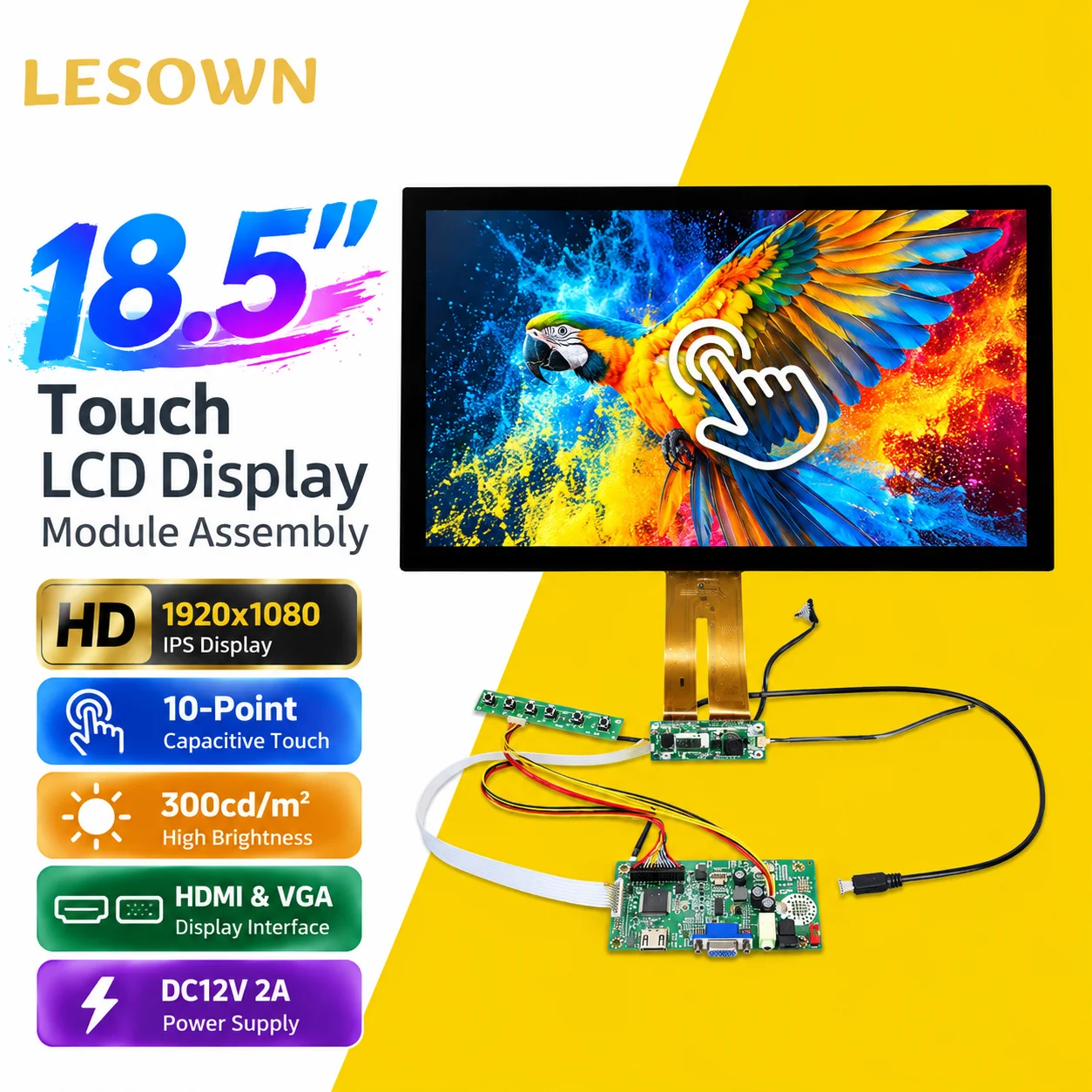 LESOWN 18.5 Inch Interactive Touch Monitor LCD Panel 1366x768 G+G Glass Screen POS Kiosk Machine Display HDTV VGA