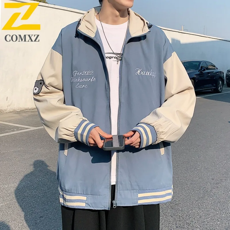 

COMXZ 2025 Мужская свободная куртка с капюшоном и цветными блоками, весеннее повседневное модное пальто, модная верхняя одежда в уличном стиле
