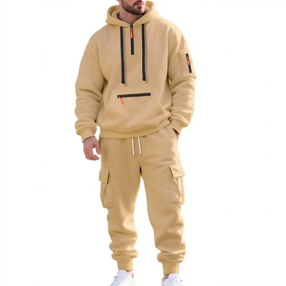 Winter Warm Mens Tracksuit Fleece Hoodie Cargo Pants Set Loose Fit Casual Sportswear Jogging Active Wear Outdoor Outfit