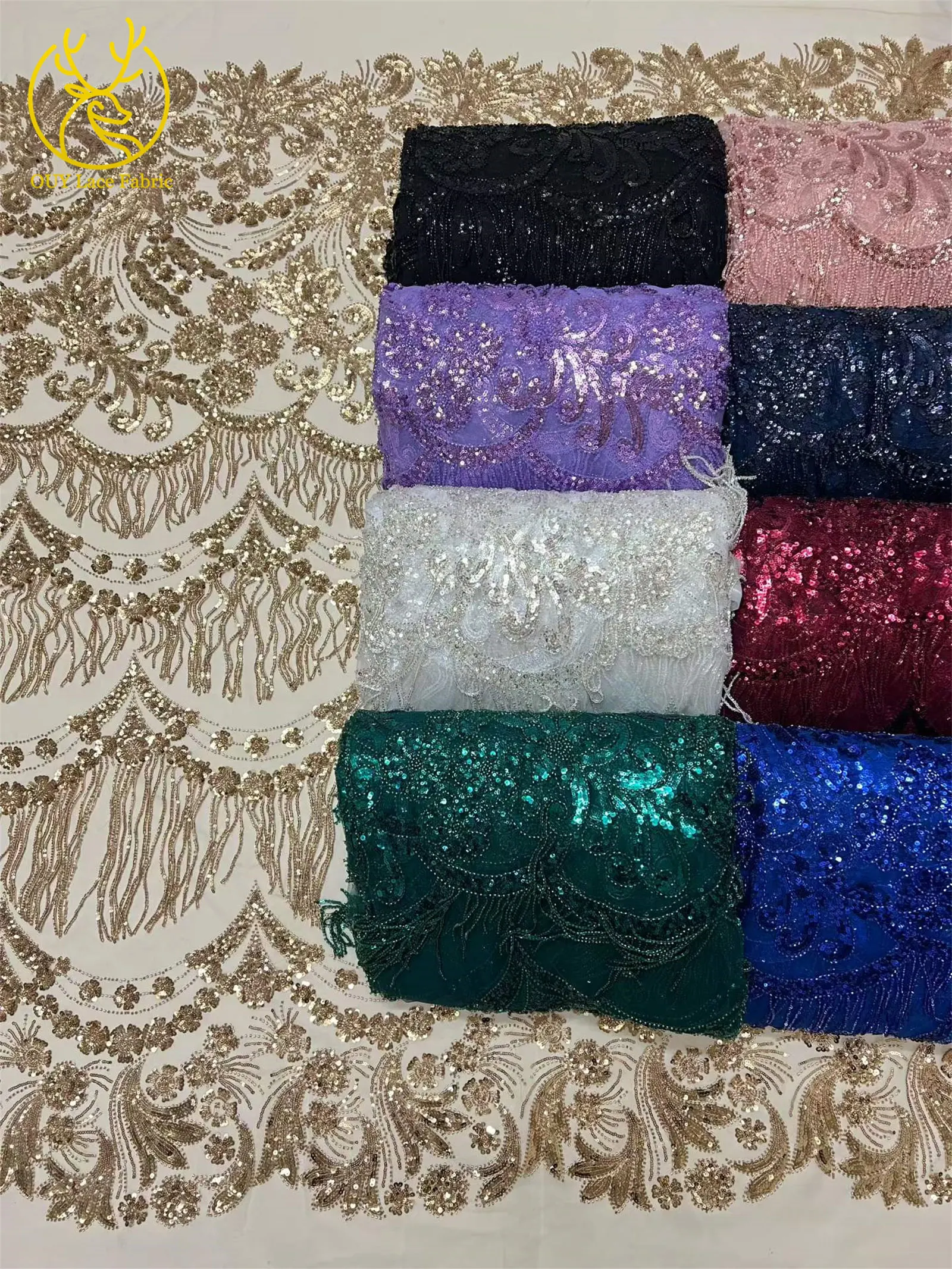Afrikanischer 3D-Quasten-Perlen-Spitzenstoff 5 Yards Französischer Tüll Pailletten-Spitzenstoff Nigerianischer Netzspitzenstoff für Hochzeitskleider – Detail 3