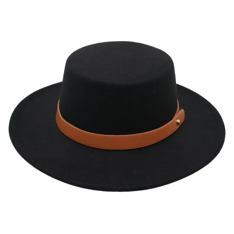 

Winter Autumn Women Black Bowler Hat Lady Gentleman Jazz Fedora Hat Vintage Belt Men Felt Hats 7.5cm Flat Brim Church Dress Cap