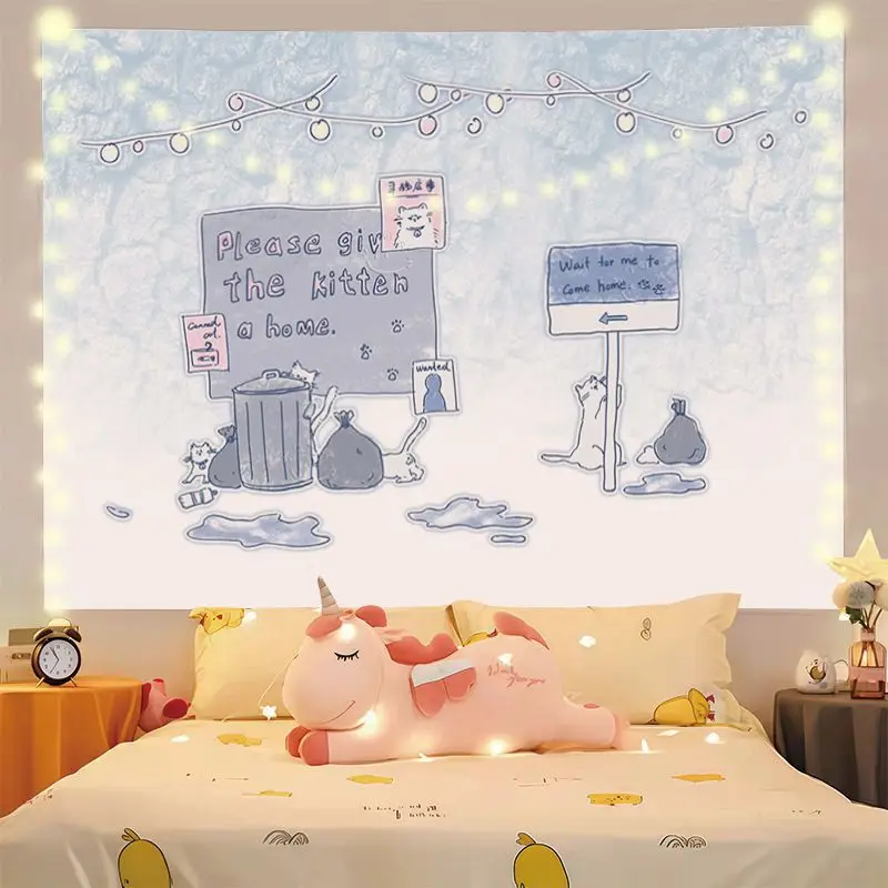 VIKAMA Stray Kitten Sketch Art Horizontal Tapestry Wall Hanging for Bedroom Aesthetic Cozy Trendy Simple Chic Home Decor