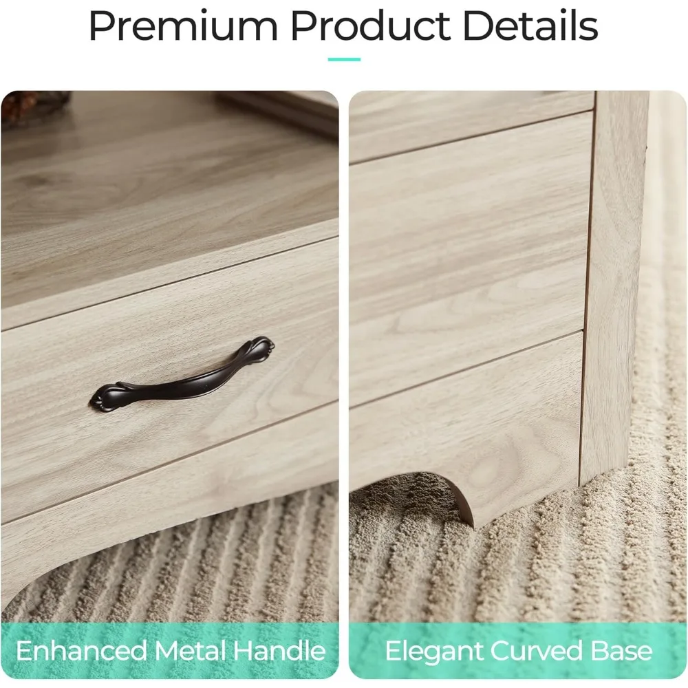 Coffee Table with Storage, Wood Coffee Table for Living Room, Open Display Area and Storage Drawers with Metal Handles