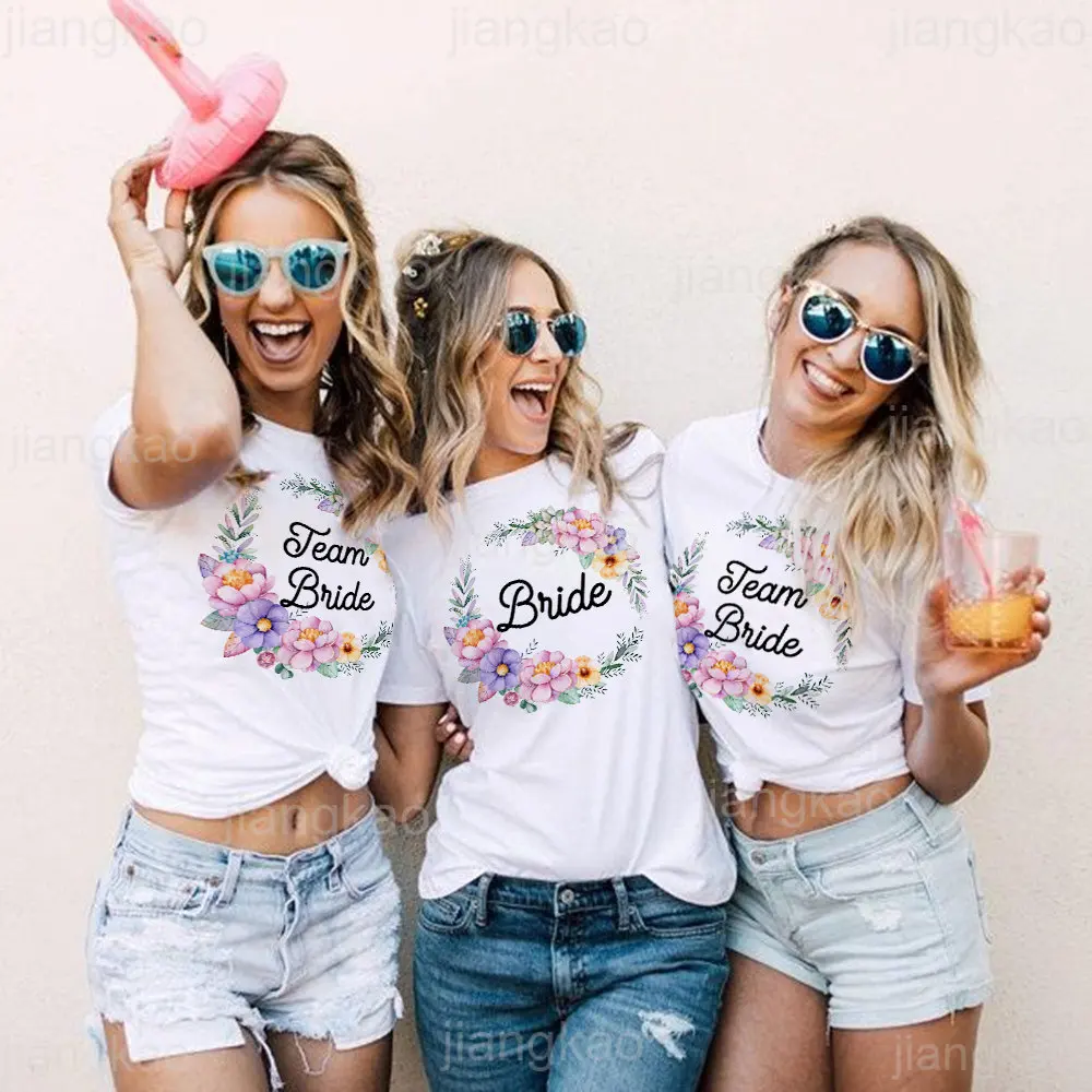 

Team Bride Flower Print Women Short Sleeve T Shirts Bachelorette Wedding Party Graphic T-shirt Maid of Honor Tshirt Female Tops