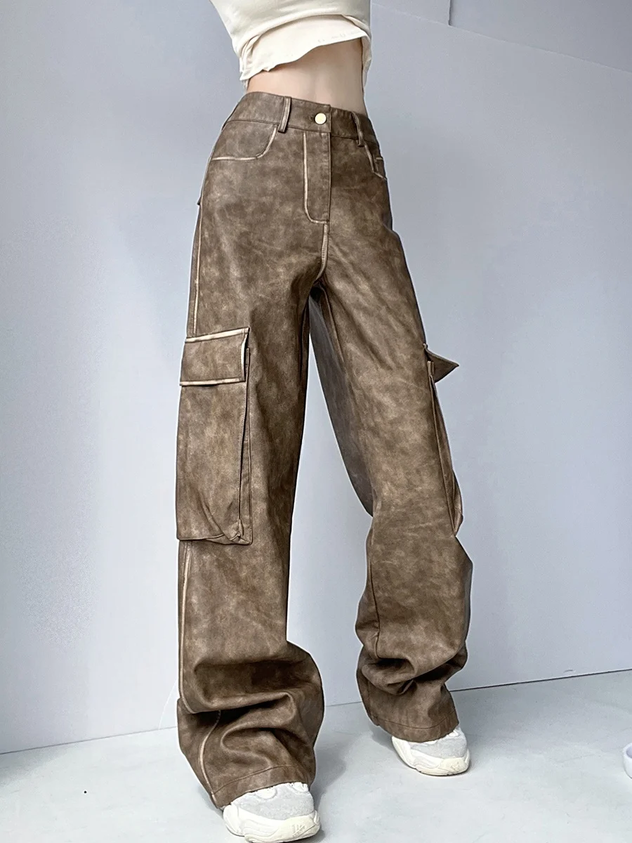 Retro Distressed Color Wearing Wide Leg Pants Women's Heavy Duty High Street Workwear Trousers Casual Straight Leg Jeans