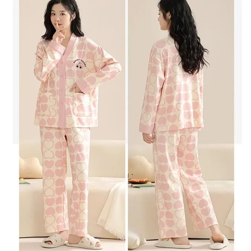 2024 New Cotton Pajamas Long-sleeved Ladies Spring Autumn Sleepwear Sweet Loose Plus Size Loungewear V-neck Loose Homewear Suit