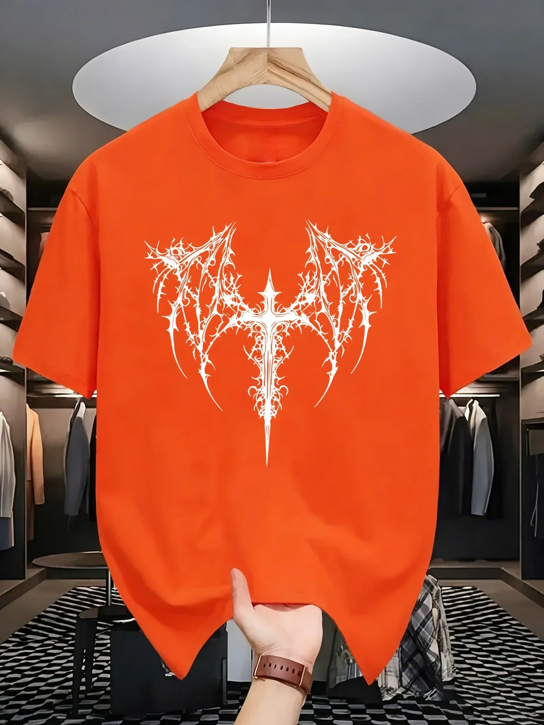 Thorn Cross Bat Wings Print Youth Hip Hop Short Sleeve All-Match Men T-Shirts Comfy Cotton Clothing O-Neck Loose Streetwear