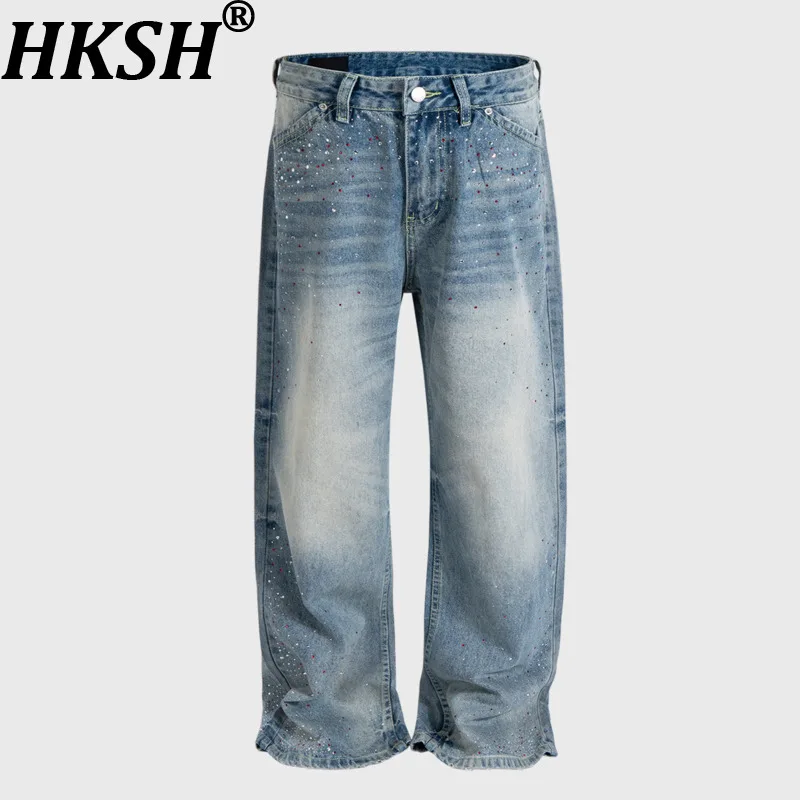 HKSH Outono Novas Calças Jeans Masculinas Estilo High Street Americano Retro Elegantes com Diamantes Lavadas de Perna Larga Calças Jeans Femininas Y2K