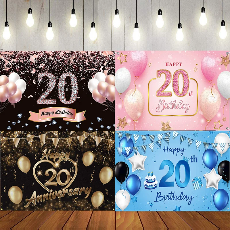 Happy 20th Birthday Banner Photography Backdrop 20 Years Old Birthday Decorations Party Women Men Black Gold Background Poster