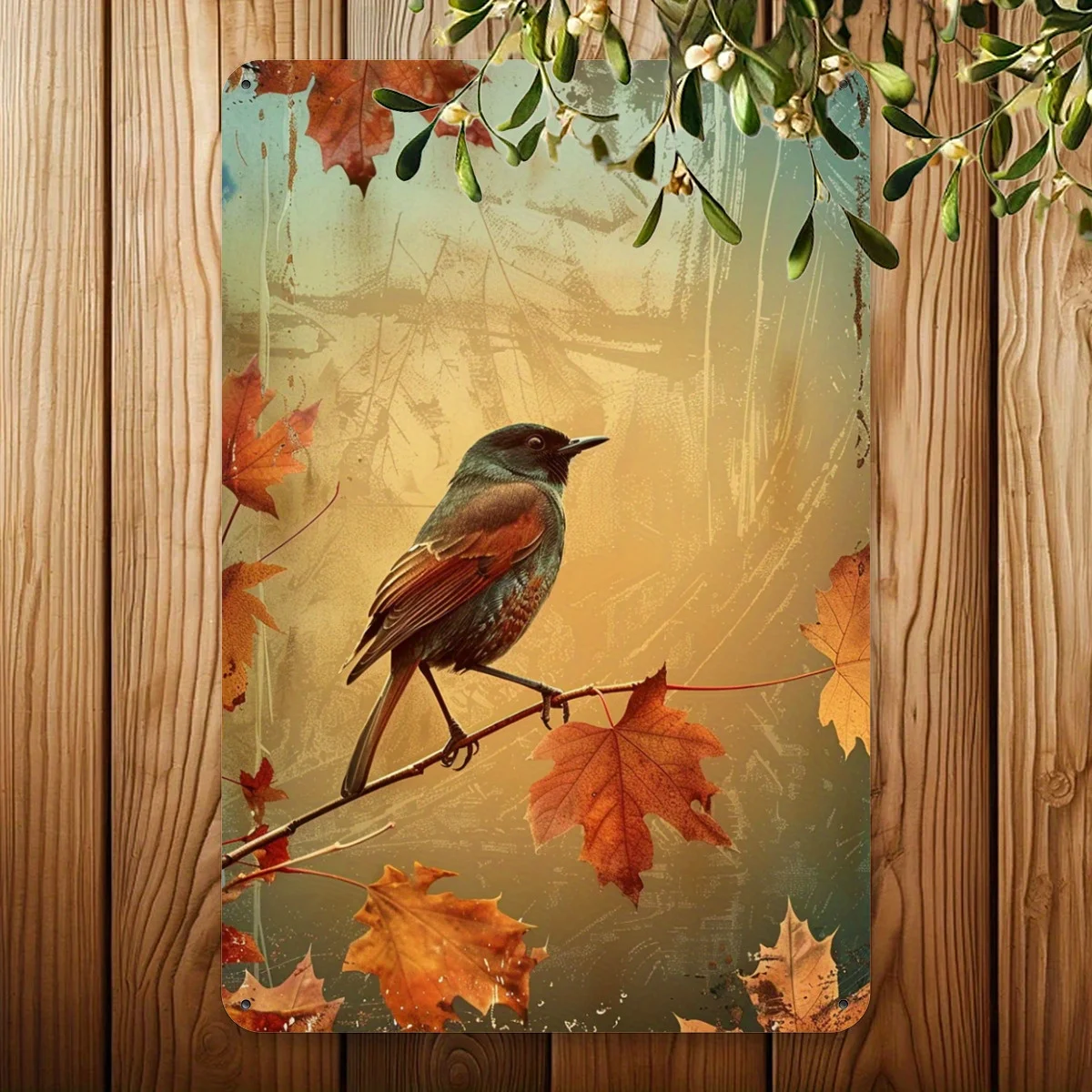 لافتة قصدير عتيقة للطيور الخريفية والأوراق المتساقطة - ديكور منزلي مثالي لعشاق الطبيعة - فن جداري متين مقاس 8 × 12 بوصة للخريف #3