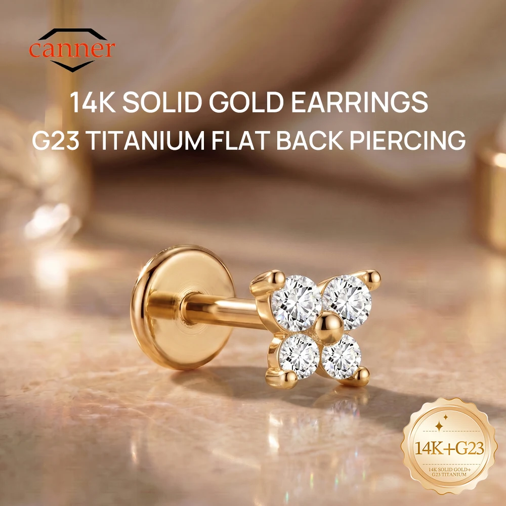 

CANNER 14K Solid Gold G23 Titanium Flat Back Piercing Flower CZ Stud Earrings Hypoallergenic Cartilage Helix Tragus Jewelry Gift