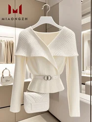 2024 Autumn New Knitted Sweater Women's V Neck Long Sleeve Elegant Sweet Top Female Fashion White Striped Knitwear Pullover Chic