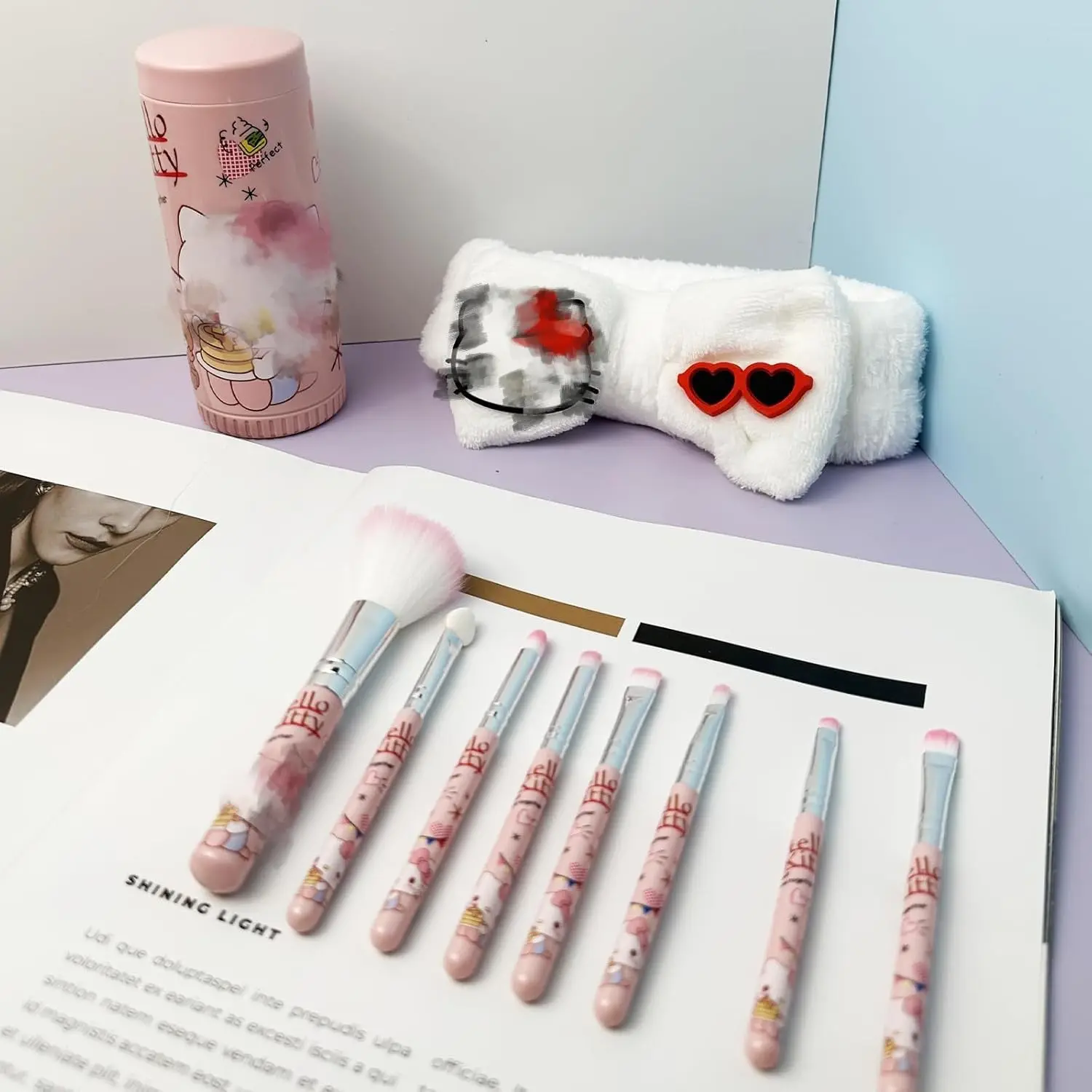 Kawaii 8-delige make-upborstel met opbergemmer en hoofdband, cosmetische make-upborstelset Professionele gereedschapsset Borstelset Beste Gi