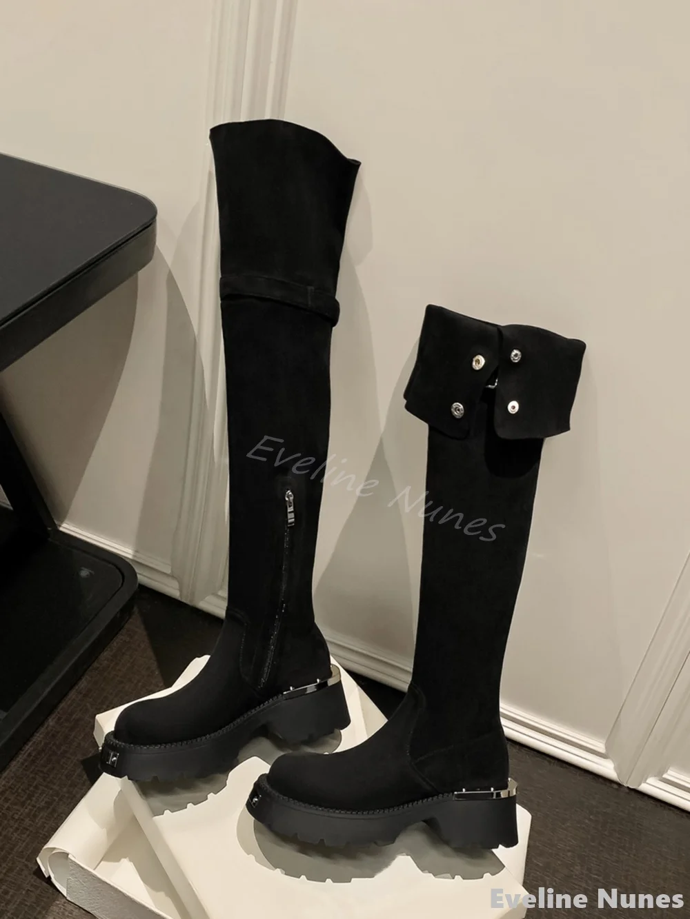 Folding Platform Over-the-knee Boots Women Round Toe Metal Decoration Faux Suede Snow Boots New Fashion Warm Non-slip Long Boots