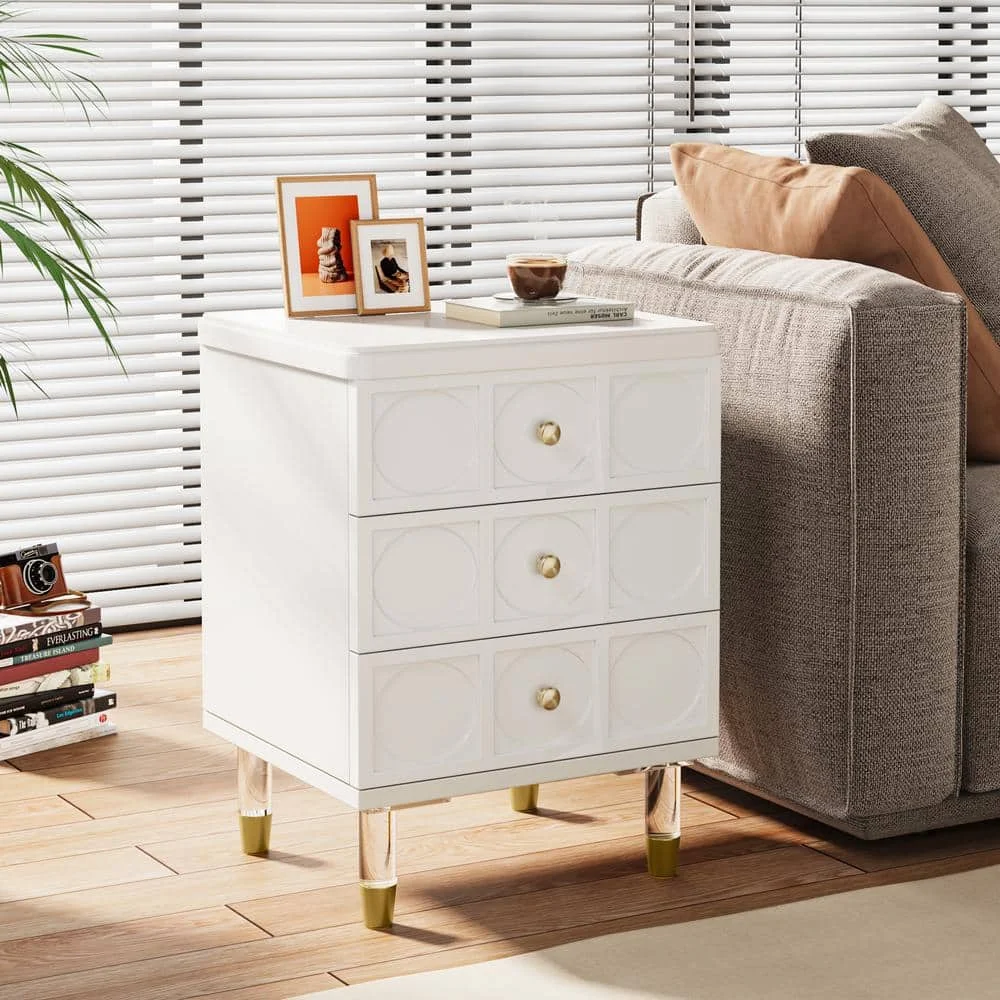 3-Drawer White and Gold Nightstand Modern Bedside Table for Bedroom livinroom