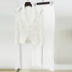 Brand Designer White Lace Two Piece Sets Women Embroidery Blazers Coats + Skinny Pants Suits Office Lady 2pcs Outfits