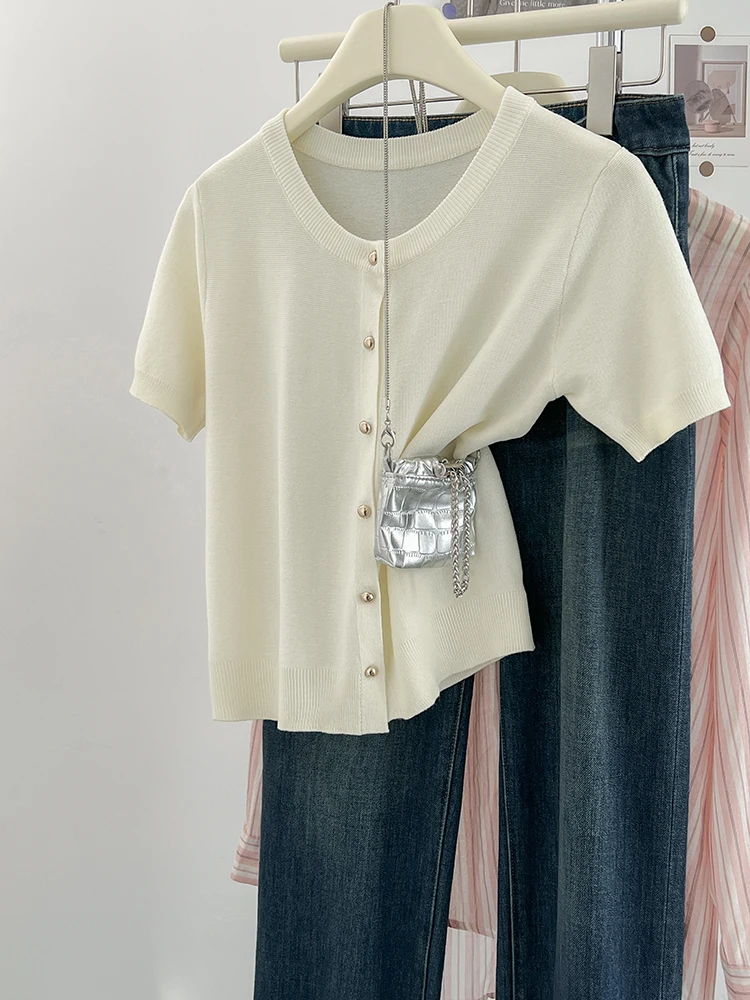 

Spring/Summer New Women's Slim Fit Round Neck Short Sleeved Knitted Cardigan Casual Versatile Single Breasted Tops Coat