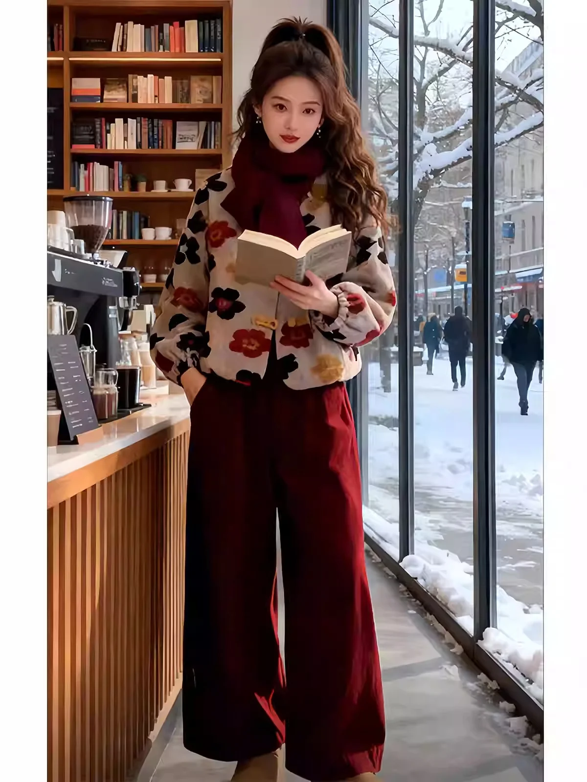 

Ретро Гонконг Sle ort Jaet Женское свободное пальто с цветочным 3D-дизайном Цвет Blo Зимнее пальто Повседневный топ на пуговицах