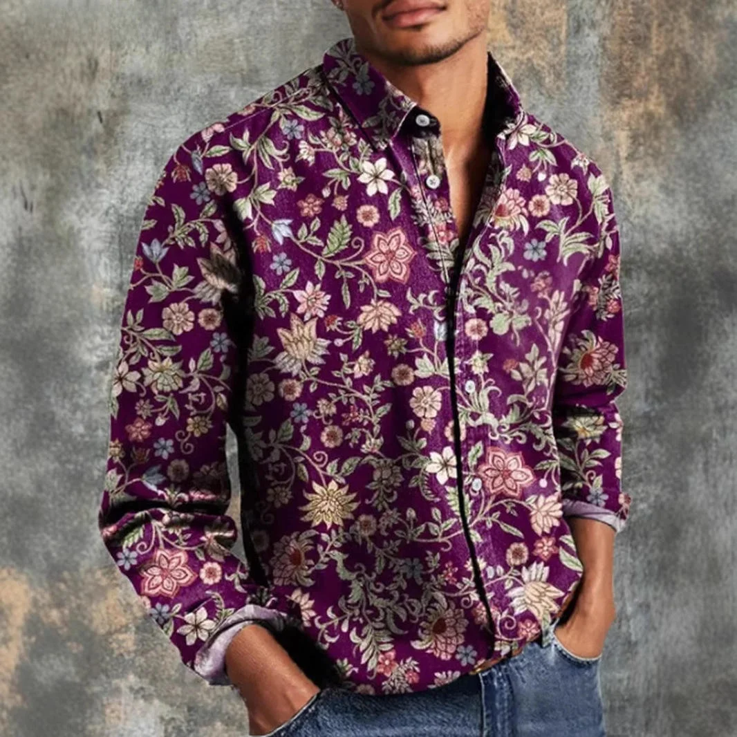

Western Vintage Men's Long Sleeve Shirt Printed Four-way Stretch Casual Spring Autumn PU Leather Fabric Deformable Thin Model