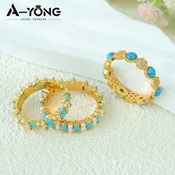 Luxury Dubai Gold Turquoise Wedding Ring 21k Gold Plated Italian Fashion Cocktail Rings Saudi Islamic Women Event Party Jewelry