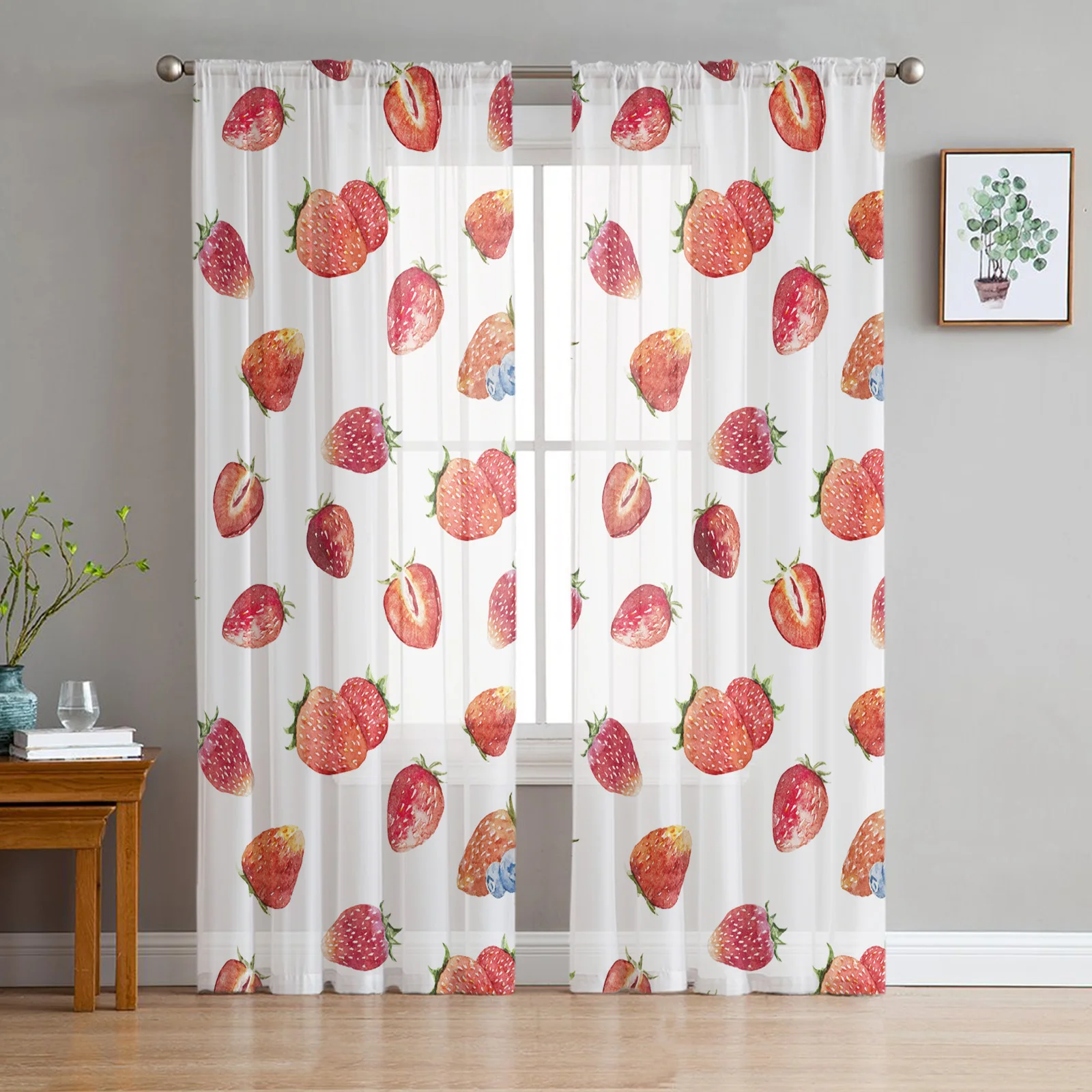 Strawberry Berries Fruits Tulle Curtains for Living Room Bedroom Modern Voile Curtain Kitchen Chiffon Sheer Curtains