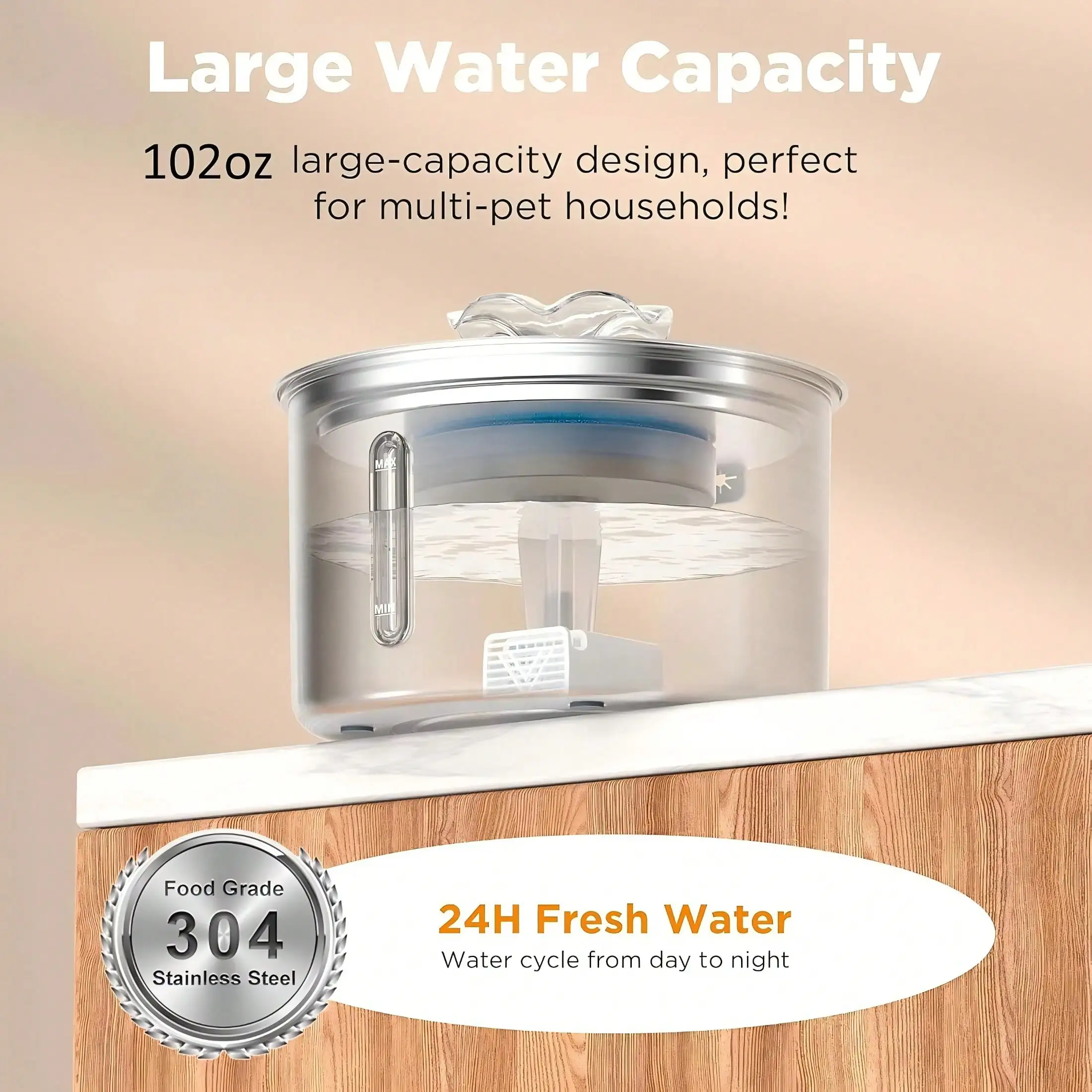3L/101.45oz/0.793Gallon Stainless Steel Automatic Cat Water Drinker | Quiet USB Powered Pet Feeder with Water Level Indicator