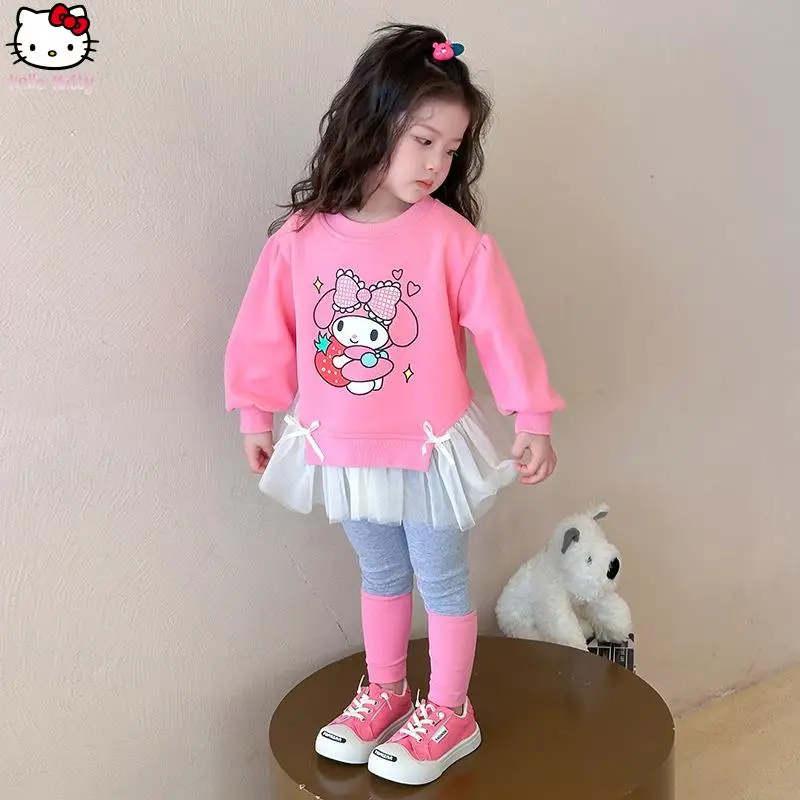 

Новый комплект из 2 предметов для девочек: свитшот с принтом Куроми и сетчатыми вставками в стиле Sanrio Kawaii, модный повседневный пуловер для весны и осени