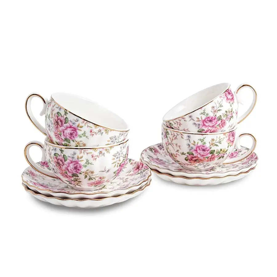 

Cup and Saucers, 6.4oz Floral Tea Cups with Gold Trim, Porcelain Teacup, Coffee Cappuccino Espresso Latte Mugs for Party Birthda