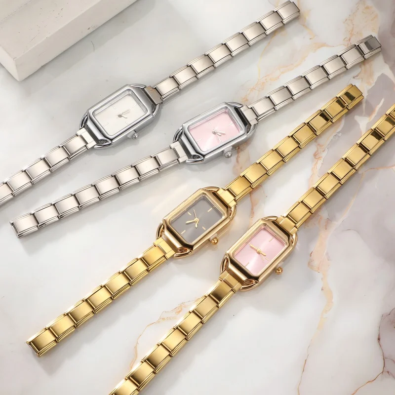 2026 Golden Square Watch Gift Men Women 9MM Width Italian Elastic Charm Stainless Watch Header Linker Bracelets Jewelry DIY Gift