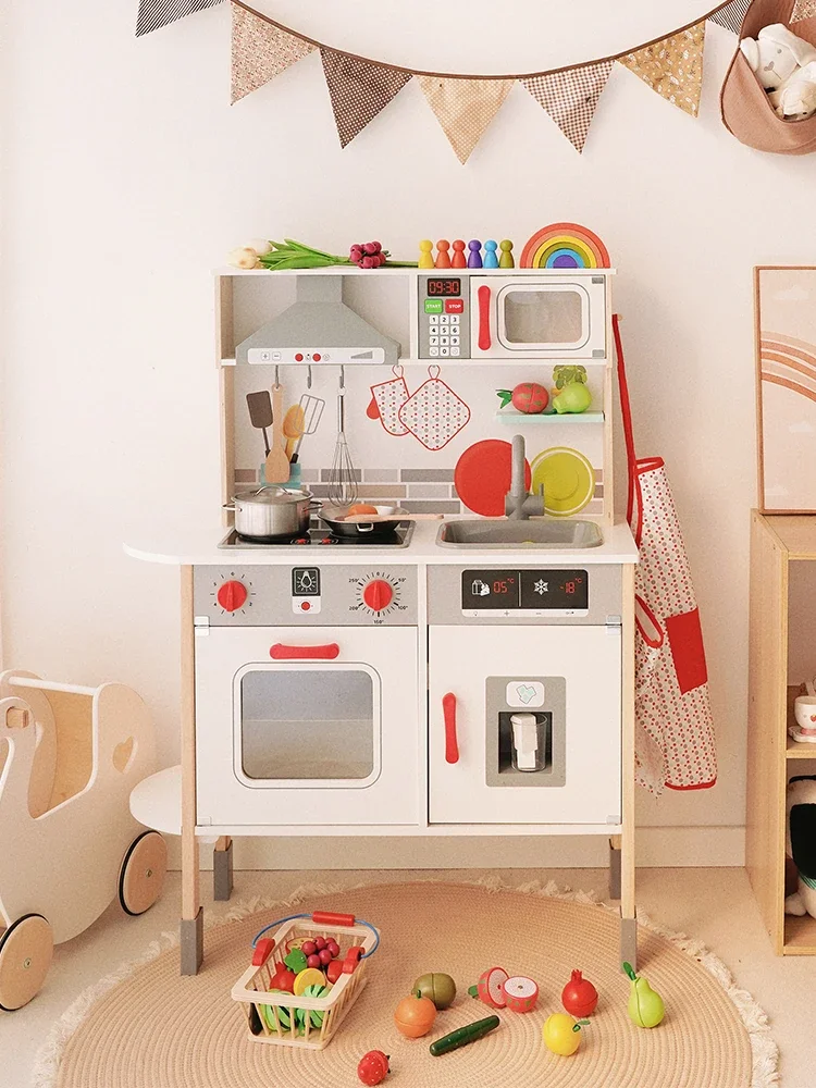 

Luxury children play house kitchen acousto-optic wooden toys 3-6 years old simulation refrigerator microwave set simulation