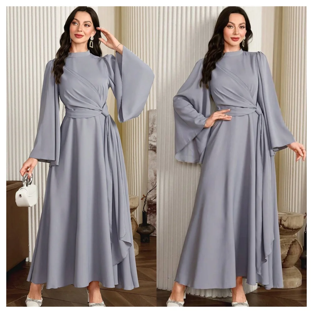 

Customized Elegant Blue Chiffon Evening Dress Temperament Crew Neck Long Sleeves Party Dress High Quality A-Line Celeb