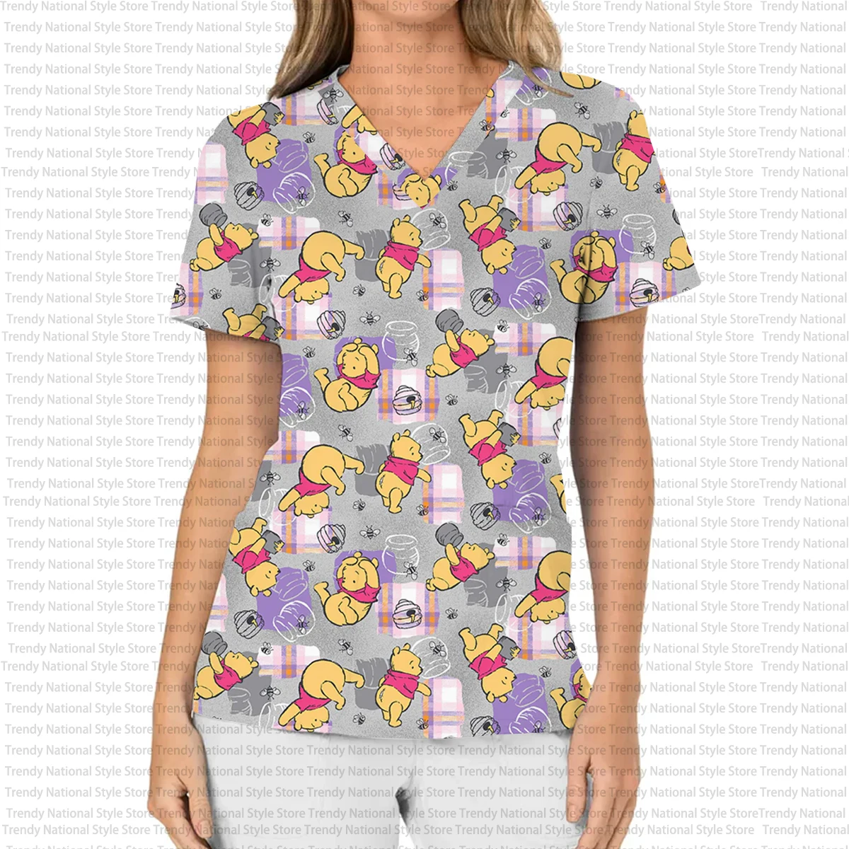 

Women's Nurse Uniform Short Sleeve T-Shirt with Disney Winnie the Pooh Cartoon Print V-Neck Pocket Short Sleeve Frosted T-Shirt