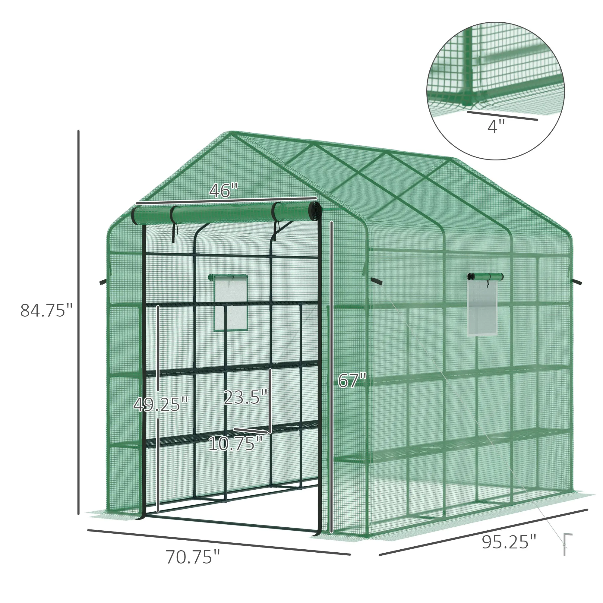 8' X 6' X 7' Greenhouse Warm House with 2-Tier Shelf Steel Frame Pe Cover Green