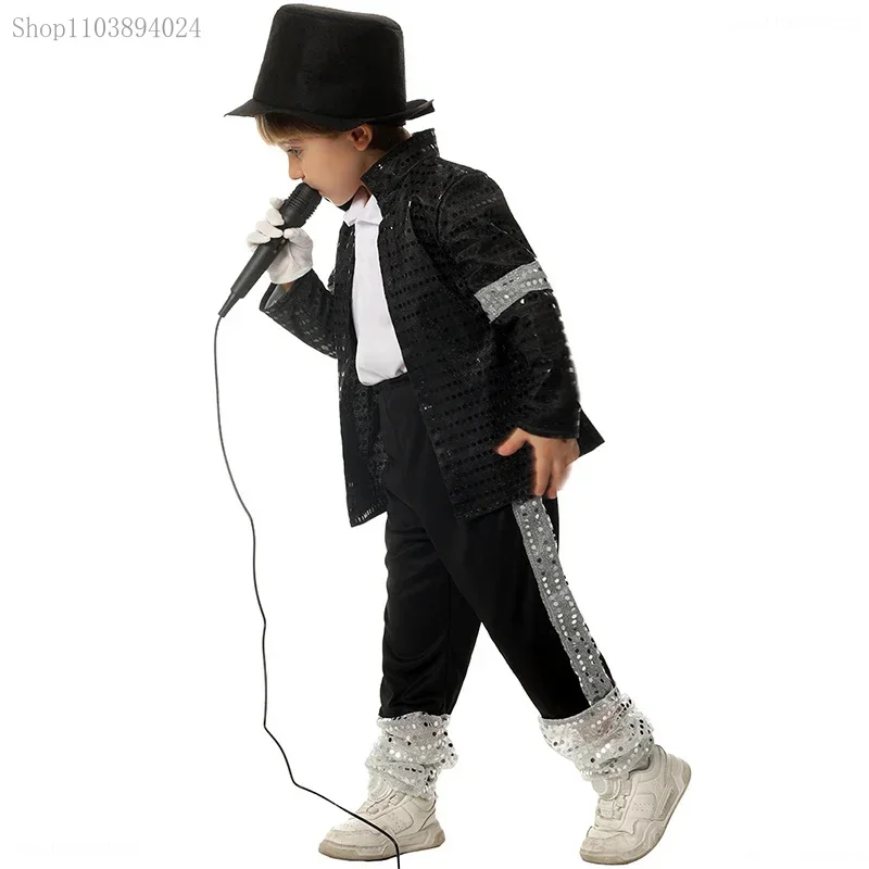 

Cosliy Boy Michael Jackson Billie Jean Cosplay Black Suit Dance Disco Halloween Fancy Dress Up 80s Pop King Costume for Kids