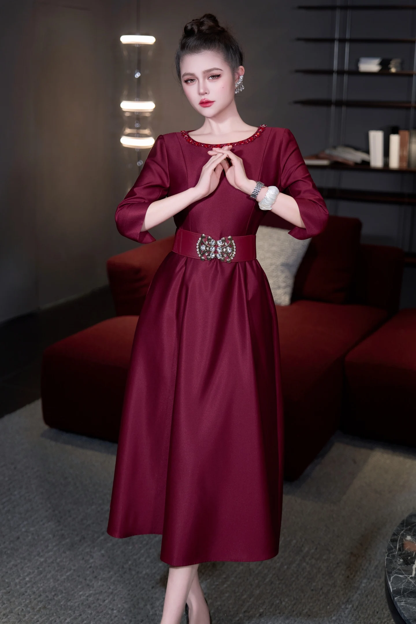 ZJYT 2026 Spring New Fashion Women Beading Dress Elegant Three Quarter Sleeve Solid White Midi Dresses Party Vestidos with Belt