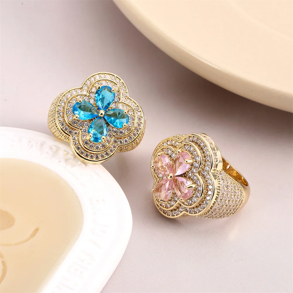 

Женское кольцо в стиле хип-хоп, новая форма цветка, изысканный аксессуар с блестящим цирконом в форме клевера