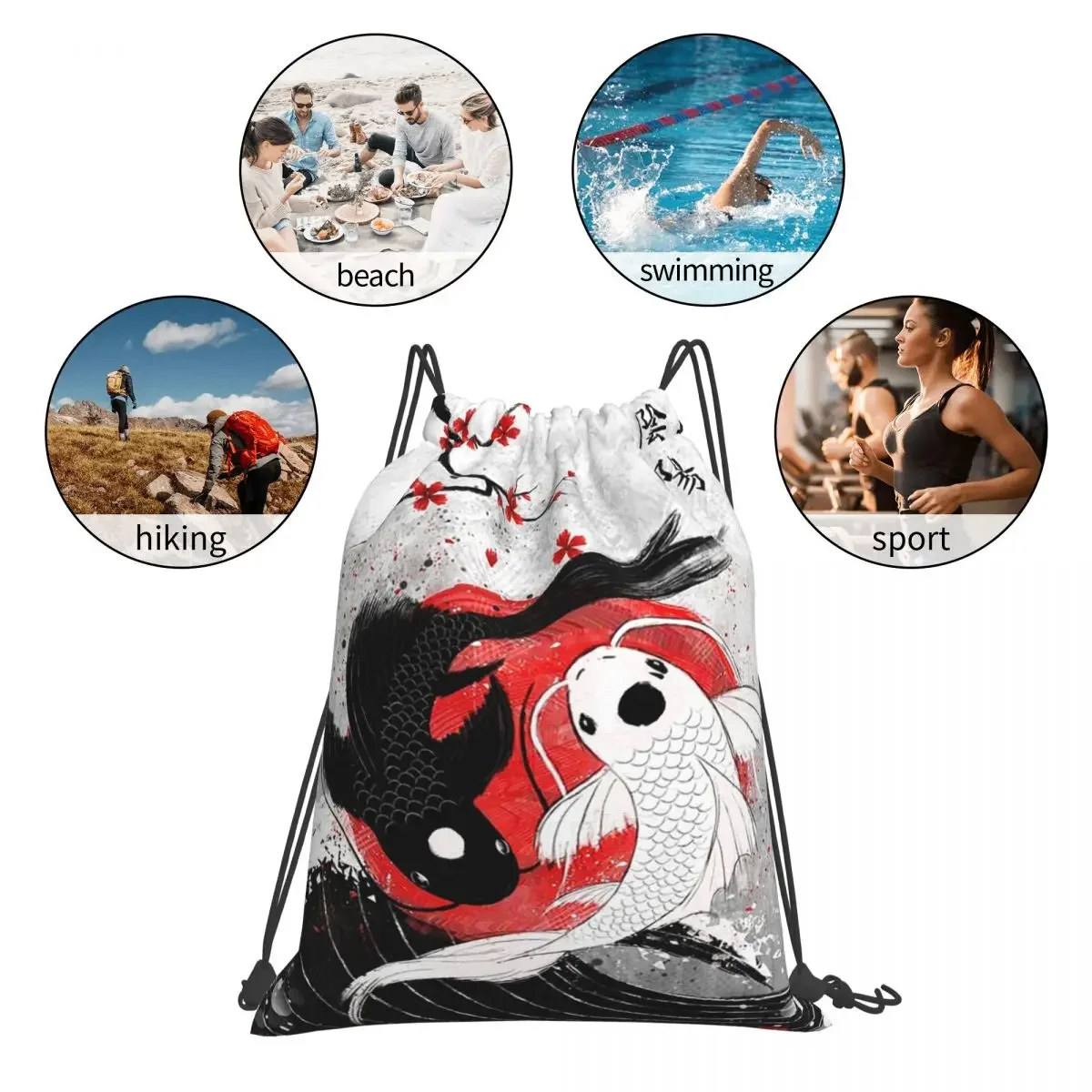 Koi Fish-mochila portátil con cordón para estudiantes, bolsa informal para artículos diversos, viaje, Yin Yang