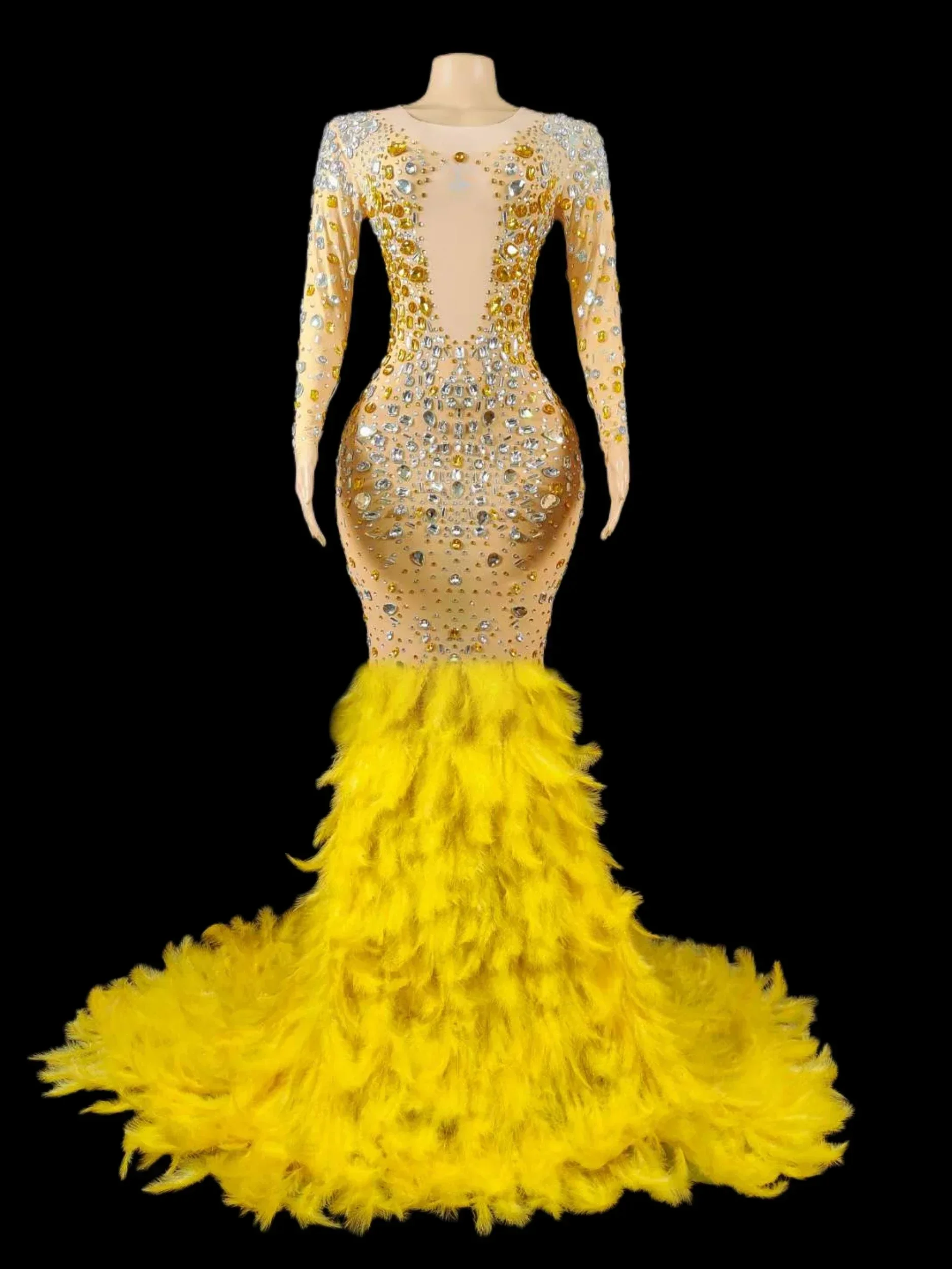 

Gold Shining Crystals Feather Dress Women Stage Performance Costume Carnival Futuristic Birthday Queen Outfit