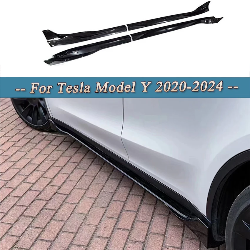 Side Skirts Spoiler Body Kit For Tesla Model Y 2020-2024 Side Skirt Carbon Fiber Pattern ABS Panel Car Accstic Extensessories