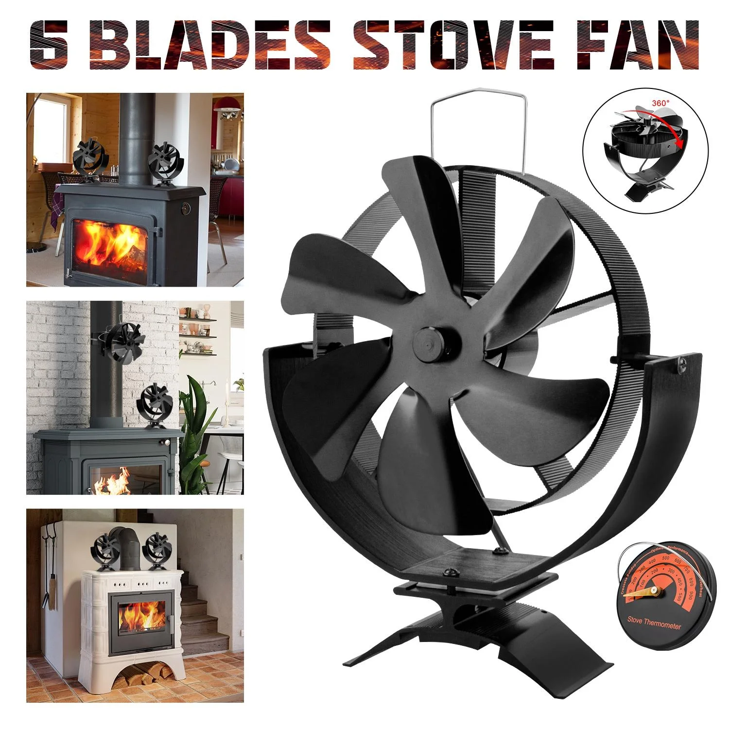 6 Blades Heat Powered Stove Fan 360 Rotating Wood Log Burner Fireplace Quiet Fireplace Fan Heater Efficient Heat Distribution