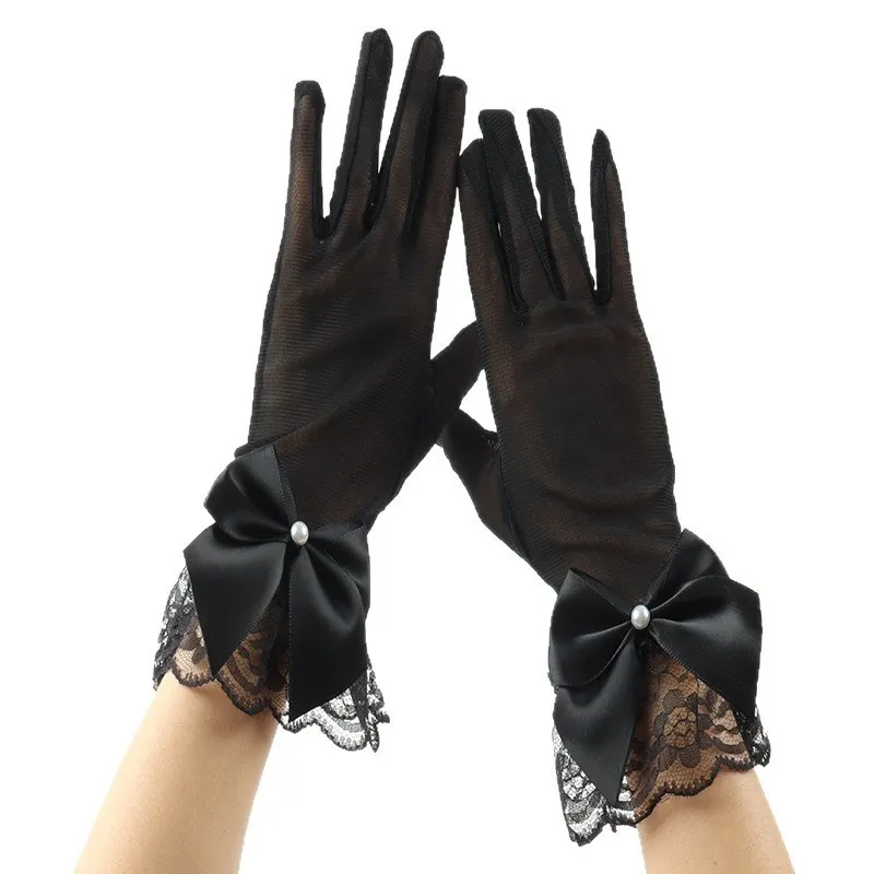 Black Sheer Mesh Bridal Gloves with Satin Bow & Pearl Lace Trim Wedding Gloves for Bride Wedding Dress Party & Formal Events