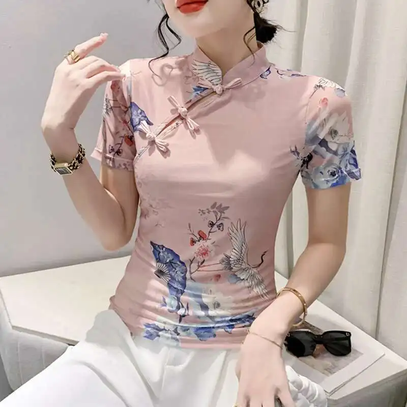 #5634 Print Vintage Short T Shirt Women Stand Collar Buttons Sexy Tight Hollow Out Tee Shirt Femme Short Sleeve Hollow Out