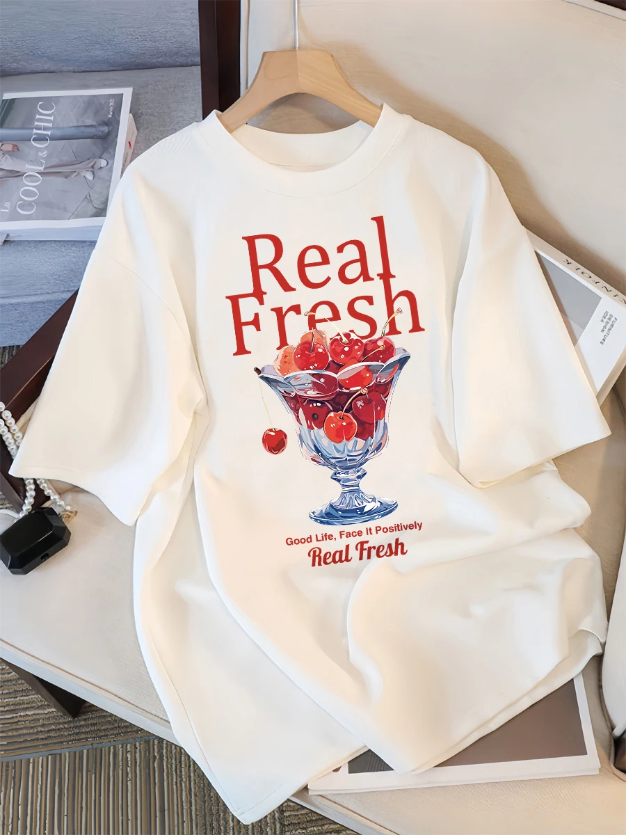 Real Fresh Cherry Fruit Cup Design Tee Shirts Female Comfortable  T Shirt Fashion Casual Clothes Soft Street Short Sleeve
