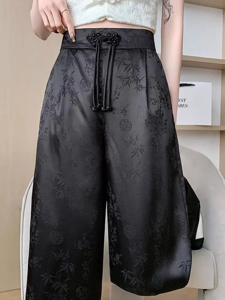 

Новые женские брюки в китайском стиле с высокой талией, широкими штанинами, из тонкого шелка, летние, из шелкового атласа, из ледяного шелка, свободного кроя
