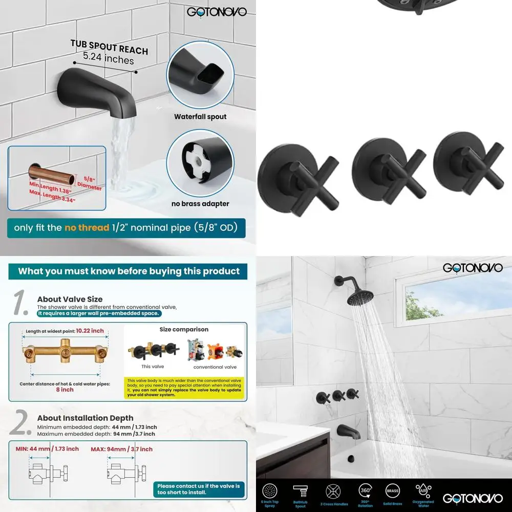 

6-Setting Matte Black Tub & Shower Faucet with Shower Head and Waterfall Spout Combo