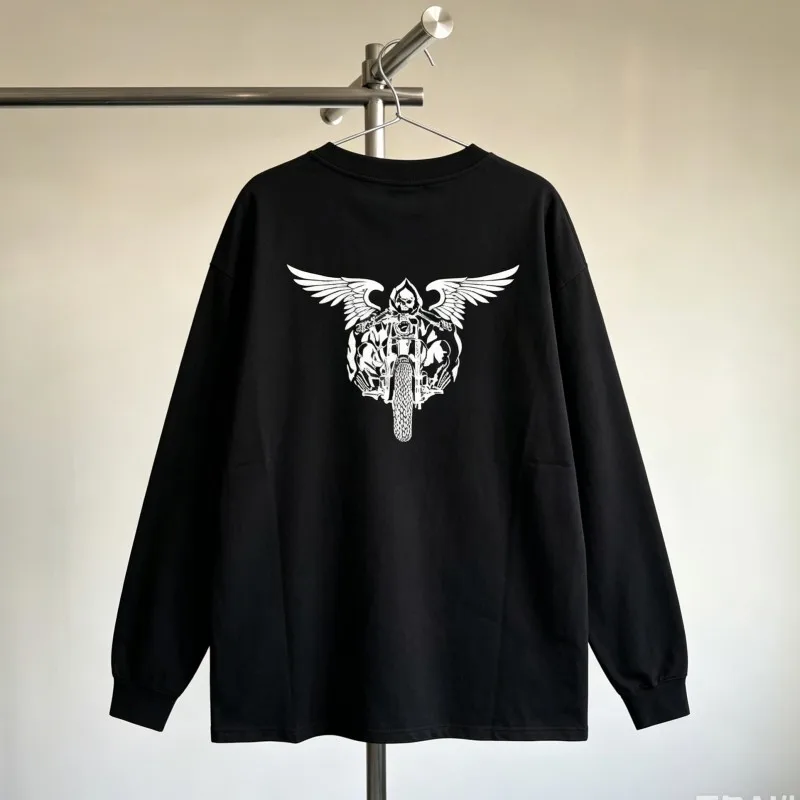 Men Women Saint Tshirts Motorcycle Devil's Wings Letter Print Round Neck Long Sleeve Black Streetwear Breathable Cotton Tops