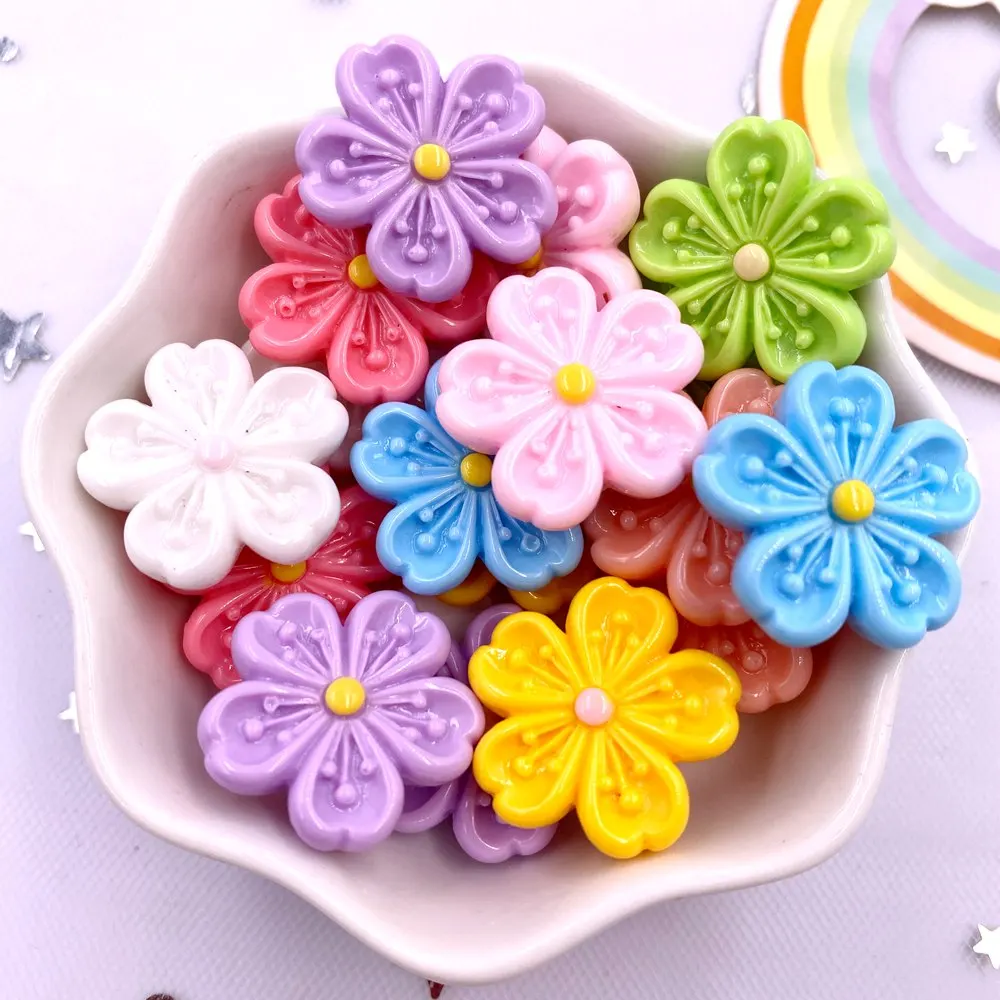 Resin Kawaii 3D Colorful Painted Cherry Blossoms Flatback Flower Stone Scrapbook Figurine 10PCS DIY Bow Decor Accessories Crafts