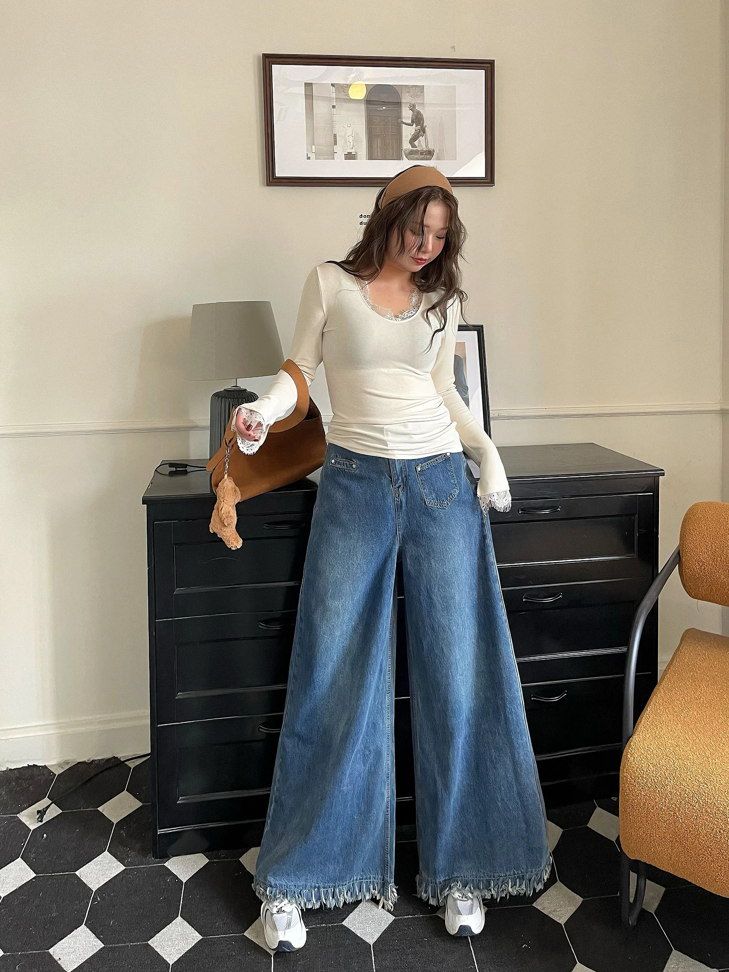 

plus Size High Waist Loose Wide Leg Denim Jeans Women's Faded Waed Casual Sle with Frayed Hem Thiened Body Positive