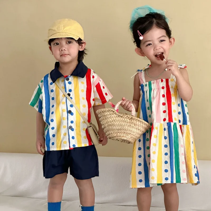 

Children's Summer Shirt Polka Dot Vertical Stripe Set Vacation Baby Girls New Summer Outfit Polka Dot Casual Short Sleeve Shorts